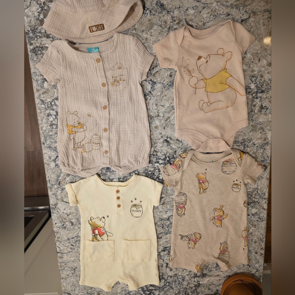 New Without Tags 0-3M Disney Pooh Bear bundle 3 Bodysuit + 1 Onesie